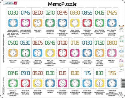 Larsen apprendre l’heure – puzzle mémo – horloge – lecture de l’heure – puzzle éducatif pour enfants – 54 pièces – fabriqué en norvège – pièces extra épaisses de 2,5 mm – plateau avec bord fixe