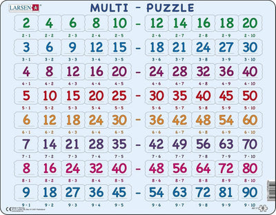 Larsen tafels – puzzel – leren rekenen – tafels – educatieve legpuzzel voor kinderen – 80 stukjes – gemaakt in noorwegen – extra dikke 2,5 mm stukjes – tray met vaste rand