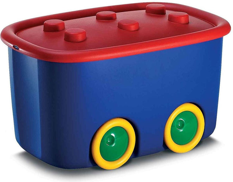 Opberger doos met deksel en wielen funny box l kis 58x39x32cm, 46l blauw, rood deksel