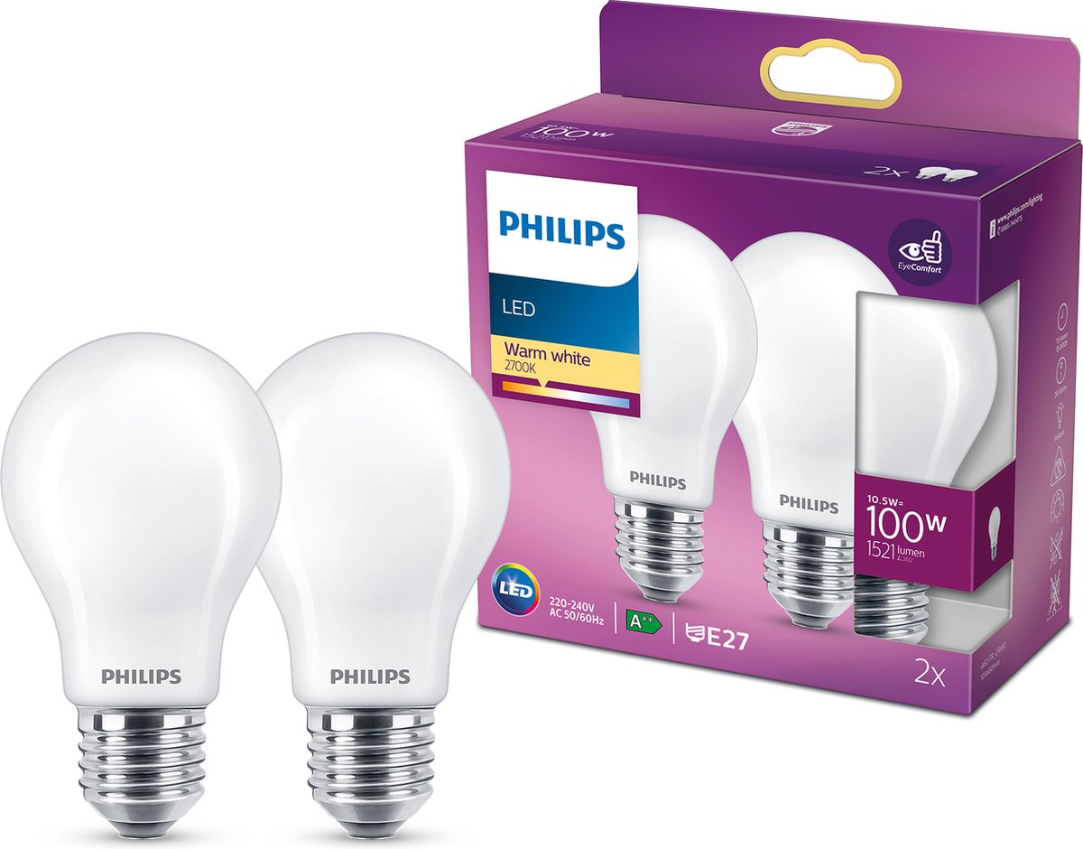 Philips led energiezuinige lamp mat - 100 w - e27 - warmwit licht - 2 stuks - bespaar op energiekosten