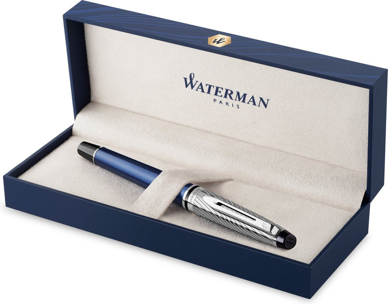 Waterman expert deluxe rollerballpen | metaal-blauwe lak met palladium-gecoat detail | fijne punt met zwarte inkt | geschenkverpakking