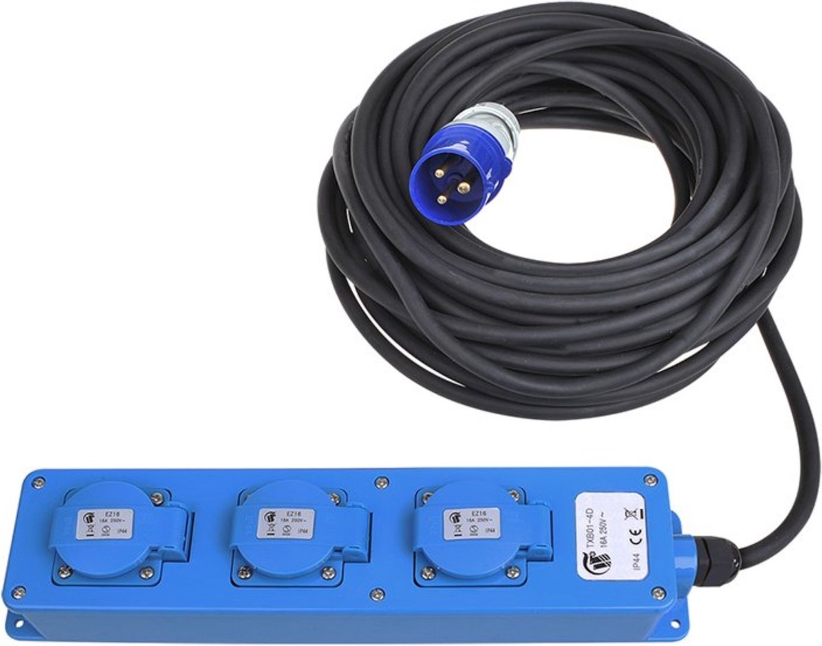 Proplus stekkerdoos - cee naar 3x schuko - 20 meter - ip44 - neopreen kabel
