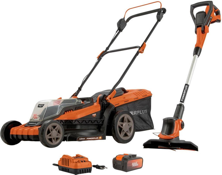 Powerplus dual power accu grasmaaier en grastrimmer powdpg75622 - grasmaaier met 2* 20 v en 420 mm ø en grastrimmer met 240 mm ø, tuingereedschap