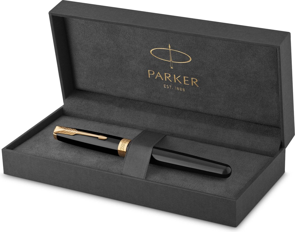 Parker sonnet rollerballpen | zwart met goud afgewerkte trim | fijne punt met zwarte inkt | met geschenkdoos
