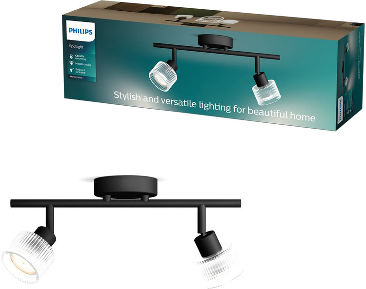 Philips horen opbouwspot - led gu10 fitting - richtbaar - 2 lichtpunten - clickfix - zwart met geribbeld glas