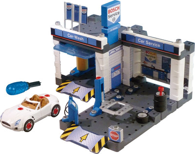 Klein toys bosch car service autogarage - montagespeelgoed met hefbrug en wasstraat - 41x39x29 cm - blauw