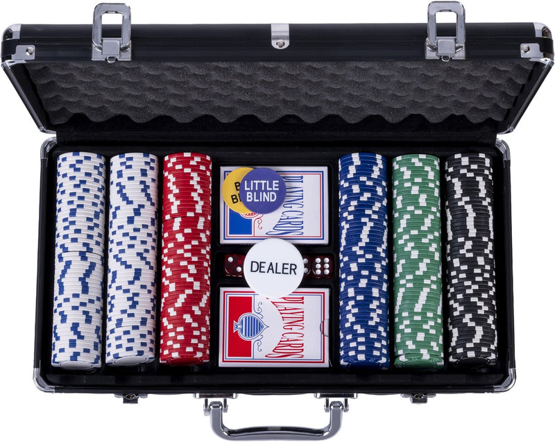 Engelhart pokerset 300 chips (11.5 gram) in zwarte koffer – met 2 sets speelkaarten, 5 dobbelstenen en 3 dealer buttons
