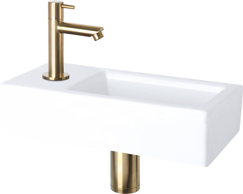 Differnz helios fonteinset 37,5x18,5x9 cm – wastafel keramiek wit – met koudwaterkraan links recht mat goud – fonteinset toilet – incl. sifon always-open afvoerplug – wandmontage