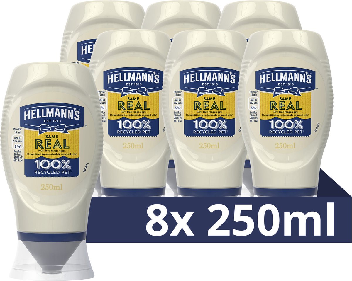 Hellmann's real mayonaise - in een handige knijpfles - 8 x 250 ml - voordeelverpakking