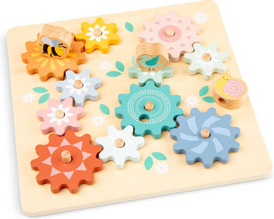 Woet ® houten puzzel met roterende tandwielen tuin - draaibare tandwielpuzzel met dieren - motorisch en creatief speelgoed - fsc - vanaf 2 jaar