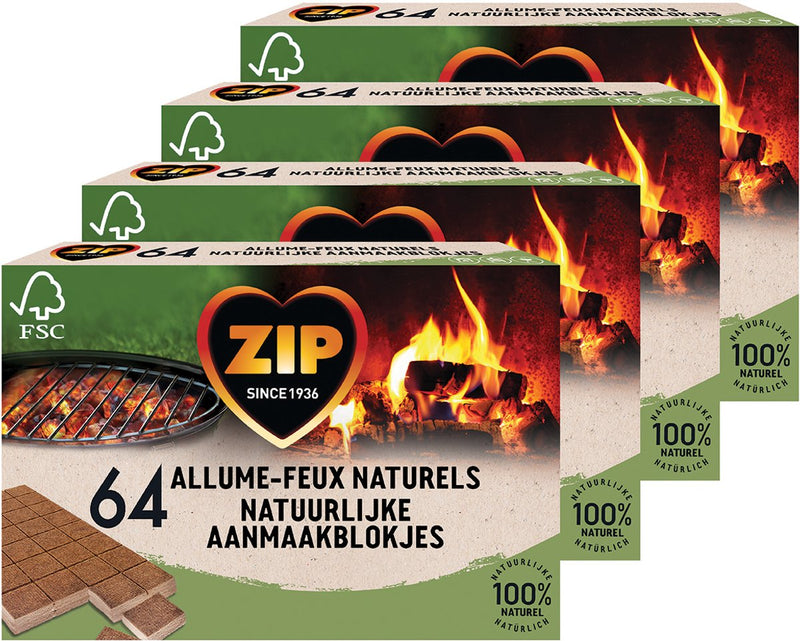 Zip aanmaakblokjes 265 stuks - openhaard bbq blokjes - aanmaakblokjes bruin - natuurlijk en geurloos - 4 x 64 stuks