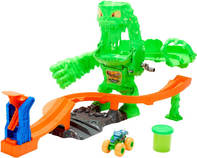 Hot wheels monstertrucks versla het gemuteerde monster - speelset met speelgoedauto en slime