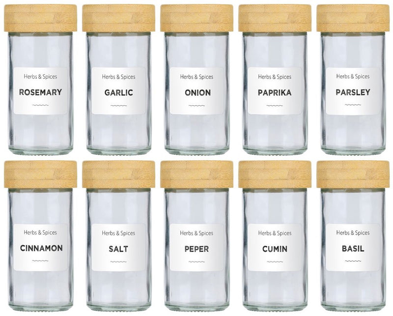 Alpina kruidenpotjes set van 12 - inclusief kruiden stickers en strooideksels - glazen potjes met deksel - keuken organizers - bamboe