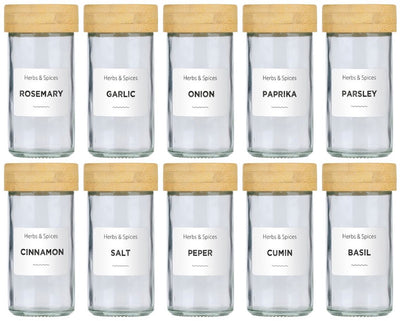 Alpina kruidenpotjes set van 12 - inclusief kruiden stickers en strooideksels - glazen potjes met deksel - keuken organizers - bamboe