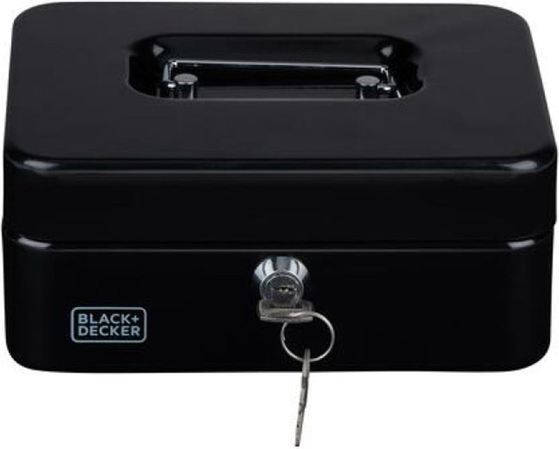 Black+decker geldkistje met sleutel - uitneembare lade met 5 vakken - incl. 2 sleutels - 20 x 16 x 9 cm - metaal - zwart