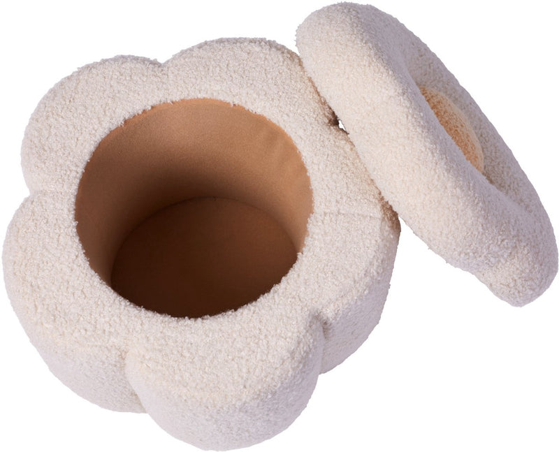 Childhome bloem poef met opbergruimte - 2-in-1 zitpoef en speelgoedkist met deksel - zachte teddystof in ecru en lichtgeel - compact formaat voor elke hoek van de speelkamer - lichtgewicht - 35 x 35 x 32 cm