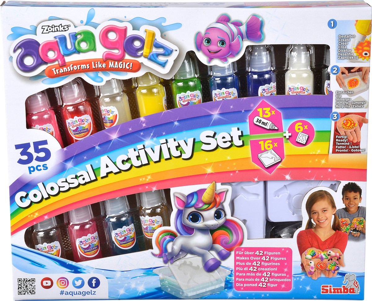 Simba aqua gelz colossal set, 13 flesjes kleurgel, elk 30ml, 16 mallen, 6x additief, vanaf 8 jaar - hobbypakket