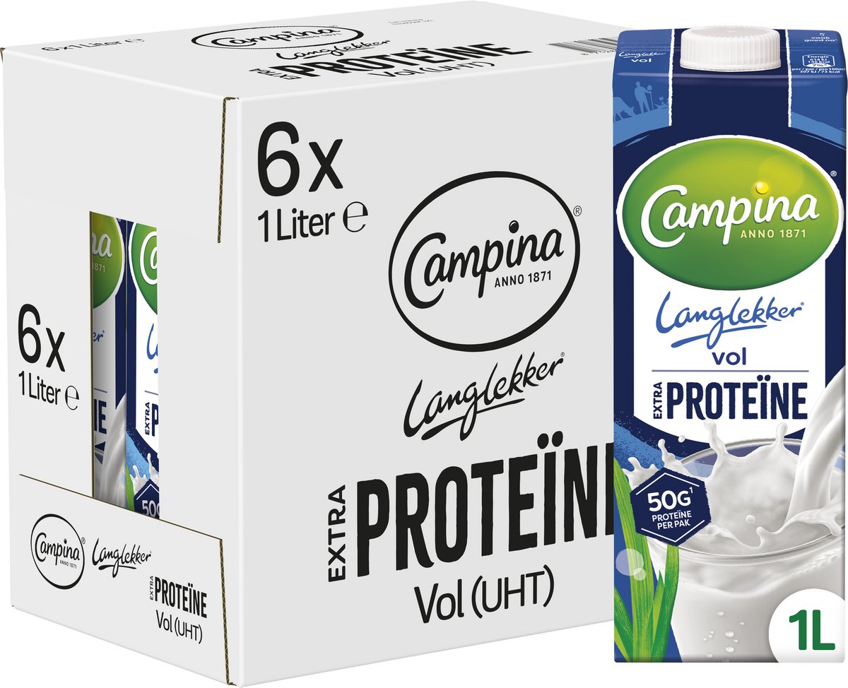 Campina langlekker – volle melk – extra proteïne – 6 x 1 l – voordeelverpakking