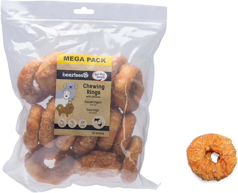Beeztees kauwring met kip - kauwsnacks hond - hondensnacks - voordeelverpakking 15st - 7,5 cm