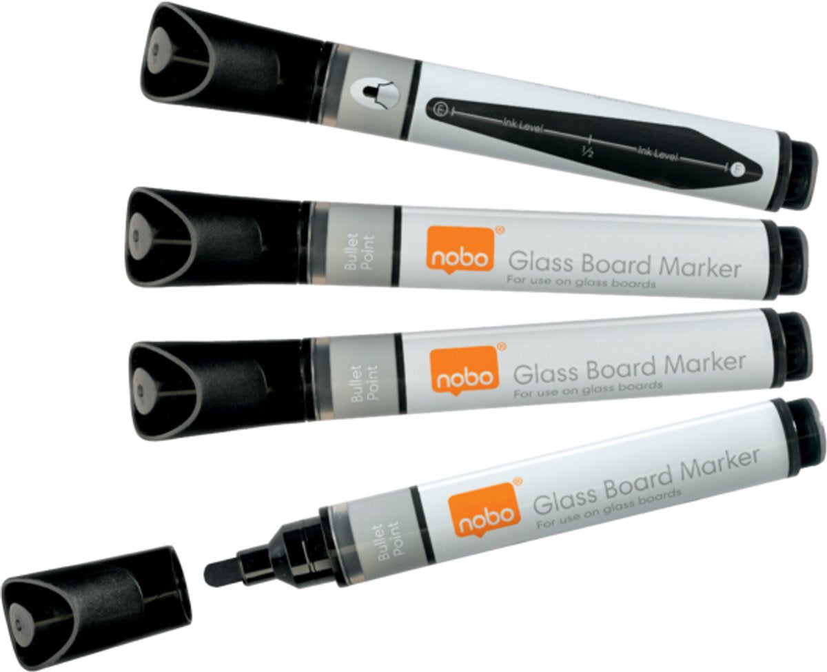 Nobo whiteboardmarkers - glas markers - zwart - 4 stuks