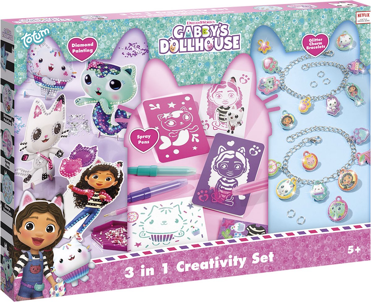 Totum gabby's poppenhuis knutselpakket xl 3 in 1 bedel armbandjes maken speelgoed meisjes, diamond paint, spraypens en sjablonen - gabby's dollhouse cadeautip knutselen creatief speelgoed