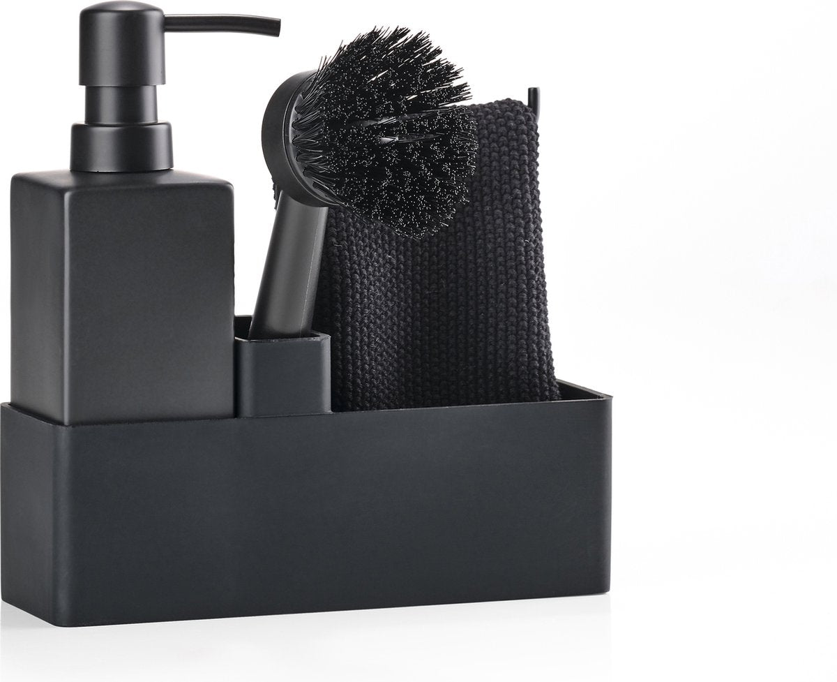 Zone denmark afwasset 19 x 6 x 20,5 cm met vaatdoekje, keramieke zeepdispenser, afwasborstel en keukenorganizer- 4 stuks black - afwas set
