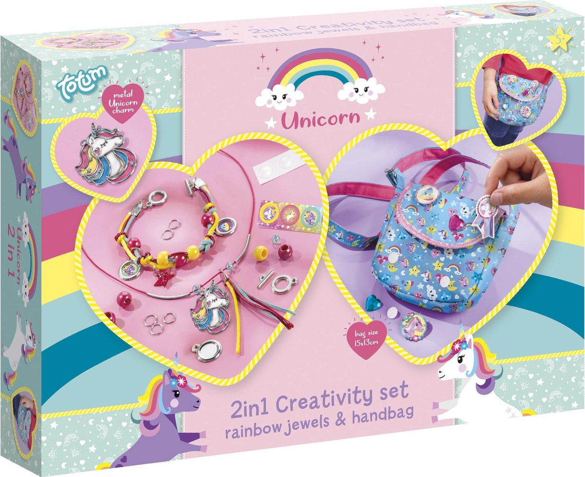 Totum unicorn 2 in 1 knutselset armbandjes maken sieraden en tasje versieren - creatief speelgoed meisjes vanaf 4 jaar cadeau tip knutselen