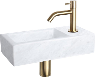 Differnz helios fonteinset - 37.5x18.5x9.5cm - rechthoek - 1 kraangat - gebogen matte gouden kraan - mineraalsteen marmer