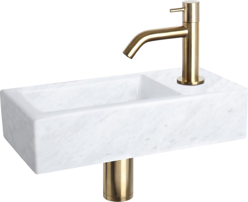 Differnz helios fonteinset - 37.5x18.5x9.5cm - rechthoek - 1 kraangat - gebogen matte gouden kraan - mineraalsteen marmer