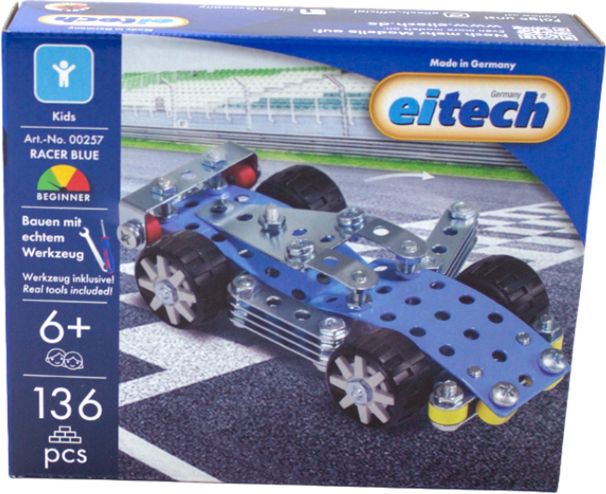 Eitech ® bouwdoos – dtm racer blauw – 136-delig – metalen bouwpakket met gereedschap – constructiespeelgoed – vanaf 6 jaar