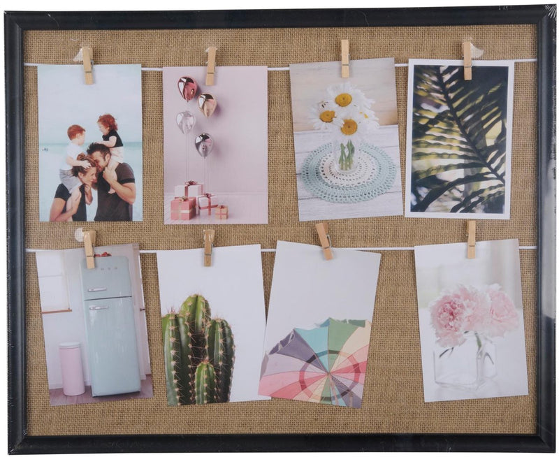 Arti casa lijst met 8 clips - foto en kaart houder - wanddecoratie met touw en knijpers - 50 x 40 cm - zwart