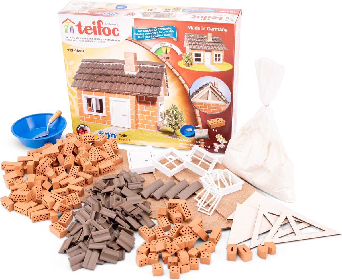 Teifoc ® bouwdoos – vakwerkhuis – 200 onderdelen – echte mini bakstenen met cement, kom en troffel – bouwpakket voor kinderen vanaf 6 jaar