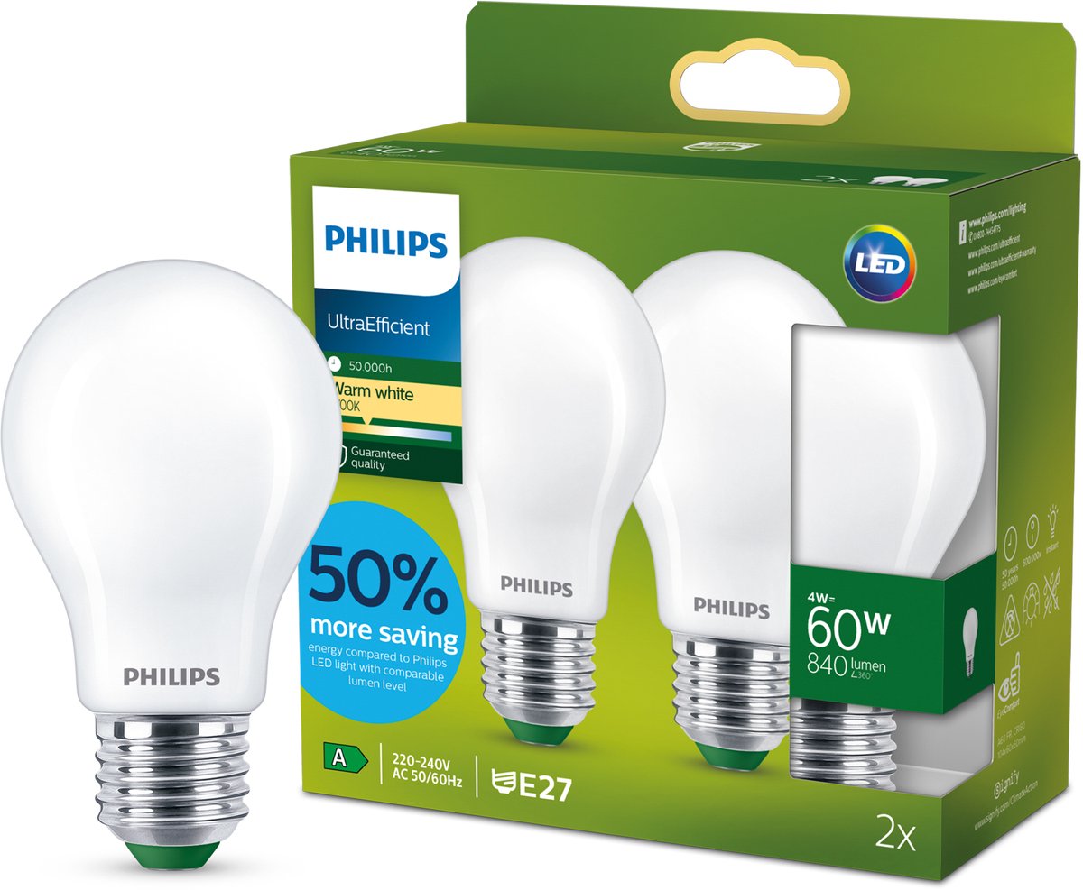 Philips led philips ultra efficient led lamp mat - 60 w - e27 - warmwit licht - 2-pack - bespaar op energiekosten