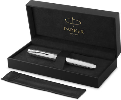 Parker sonnet ciselé special edition vulpen, dop, huls en detail met palladium afwerking, medium, 18k massief gouden penpunt, zwarte inkt en converter