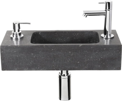 Differnz sapon fonteinset - 42x18.5x9cm - rechthoek - 1 kraangat - met sifon fontein en afvoerplug - natuursteen zwart