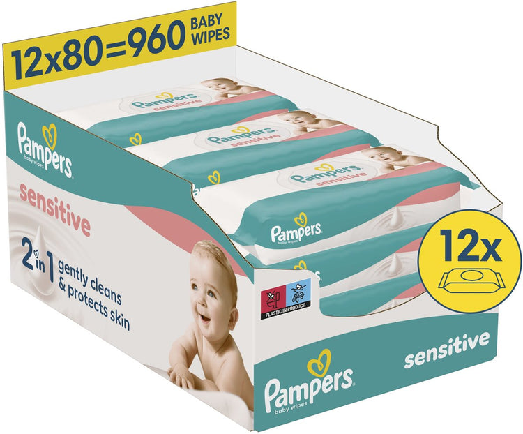 Pampers sensitive - billendoekjes - 2 in 1 reinigt zacht en beschermt de huid - 12 verpakkingen van 80 doekjes = 960 babydoekjes