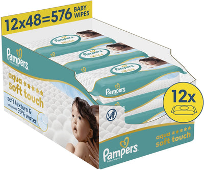 Pampers aqua soft touch - billendoekjes - zachte textuur lotion met 99% water - 12 verpakkingen van 48 doekjes = 576 babydoekjes (vervanger harmonie aqua babydoekjes)