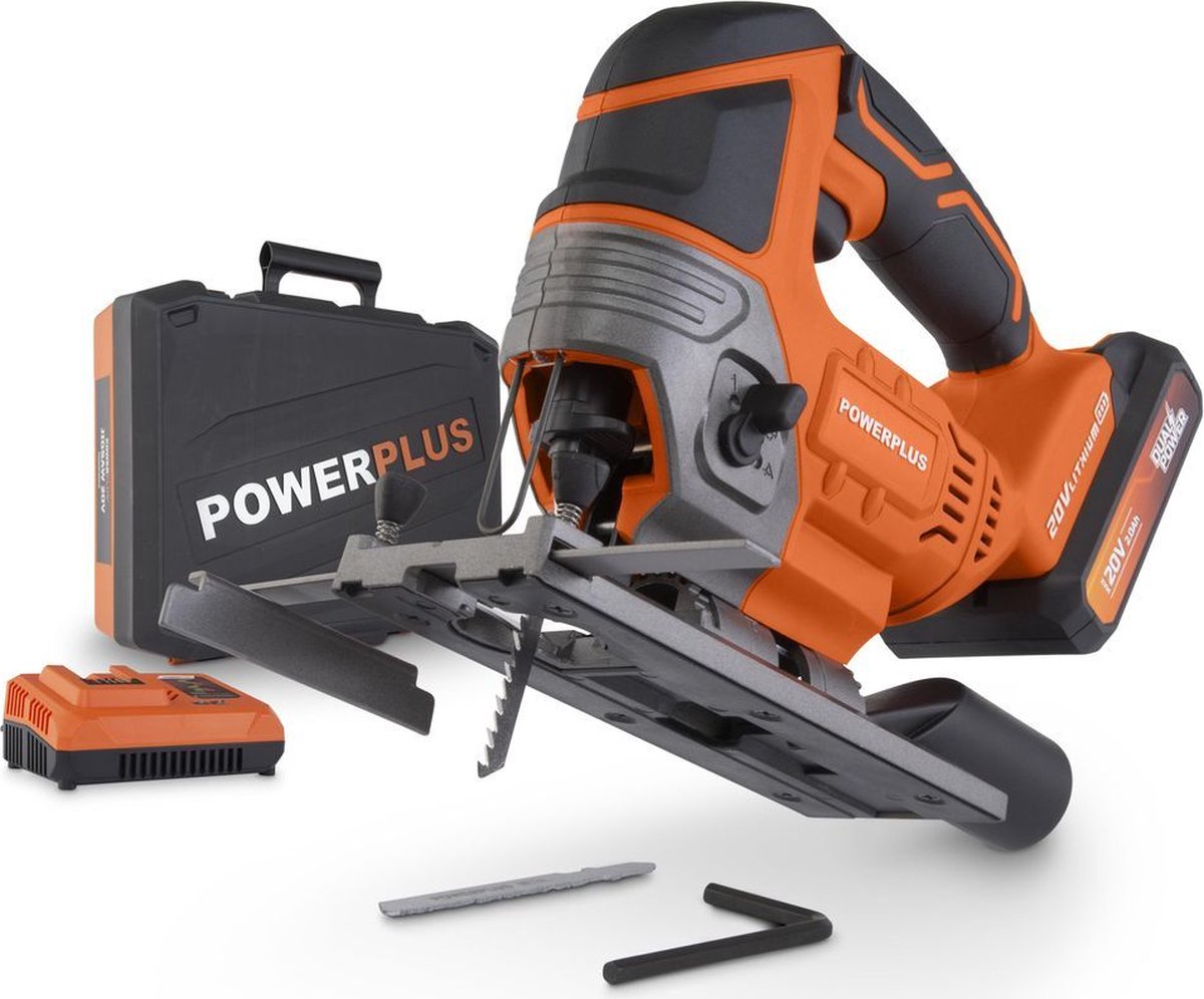 Powerplus dual power powdp25310 decoupeerzaag - 20v - incl. 1x 20v 2.0ah accu, lader, accessoires, stofzuigaansluiting, parallelgeleider en opberkoffer