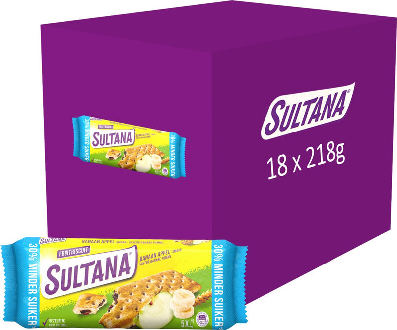 Sultana fruitbiscuit tussendoortje - banaan appel - 30% minder suiker - 18 x 218 gram