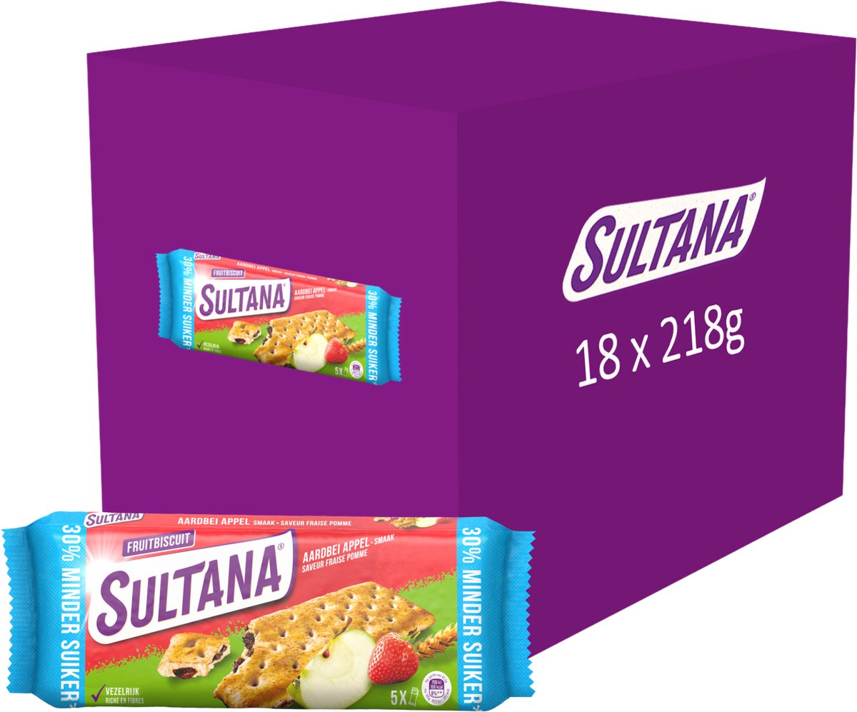 Sultana fruitbiscuit tussendoortje - aardbei appel - 30% minder suiker - 18 x 218 gram