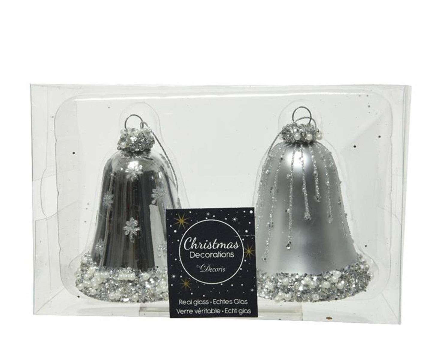 Decoris glazen kerstornamenten in vorm van gedecoreerde klokjes dia 6.5cm x 8 cm zilver