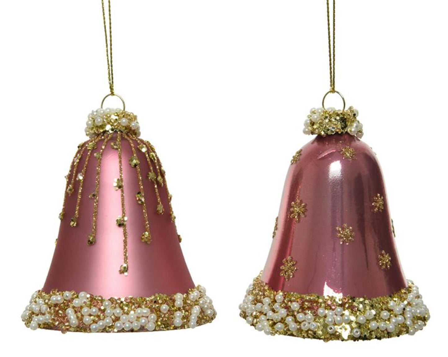 Decoris glazen kerstornamenten in vorm van gedecoreerde klokjes dia 6.5cm x 8 cm velours roze