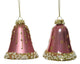 Decoris glazen kerstornamenten in vorm van gedecoreerde klokjes dia 6.5cm x 8 cm velours roze