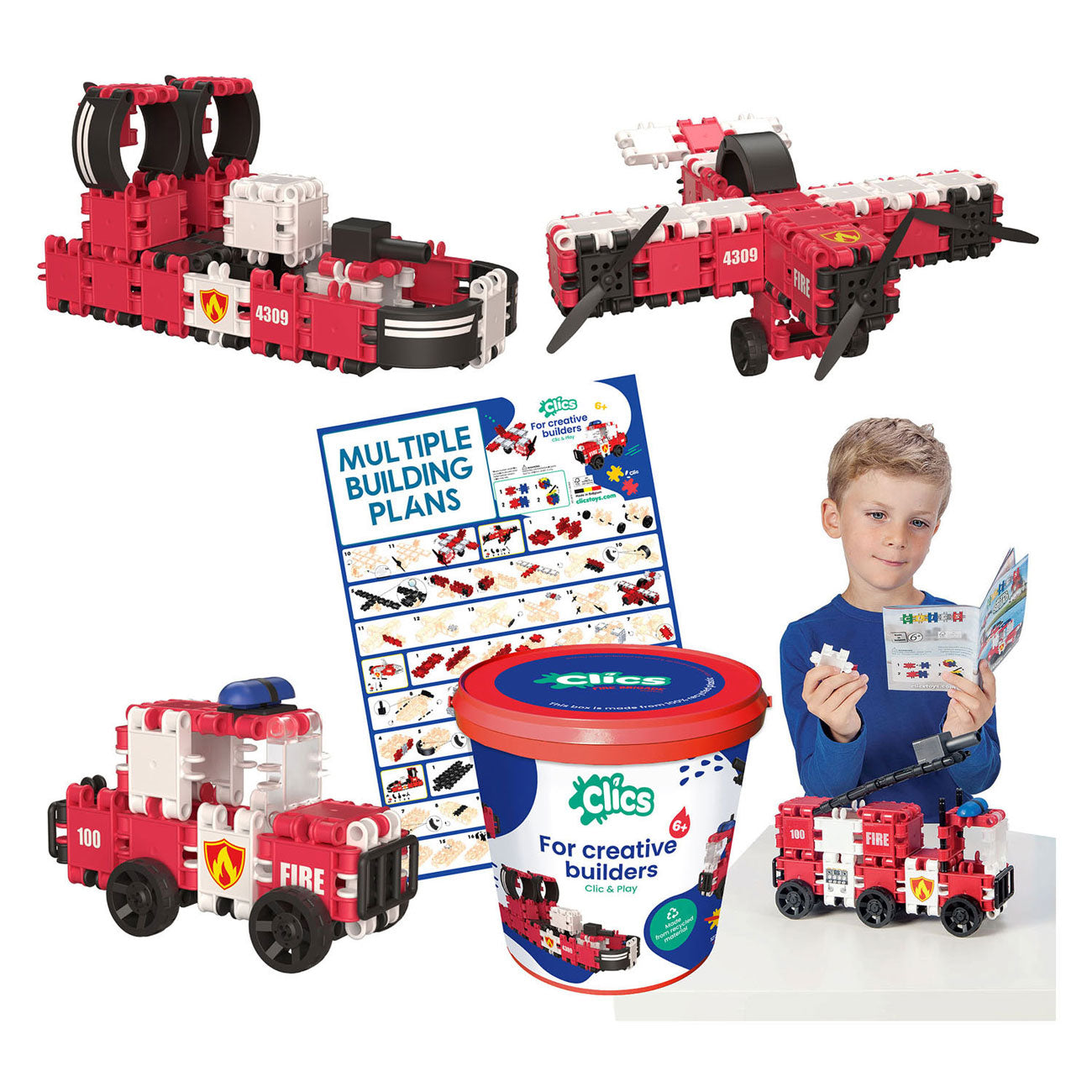 Clics brandweer 8-in-1 bouwblokken– duurzaam speelgoed gemaakt van gerecycleerde kunststof- bouwset 8 in 1 - speelgoed 4,5,6,7,8 jaar jongens en meisjes- educatief speelgoed- montessori speelgoed- constructie speelgoed