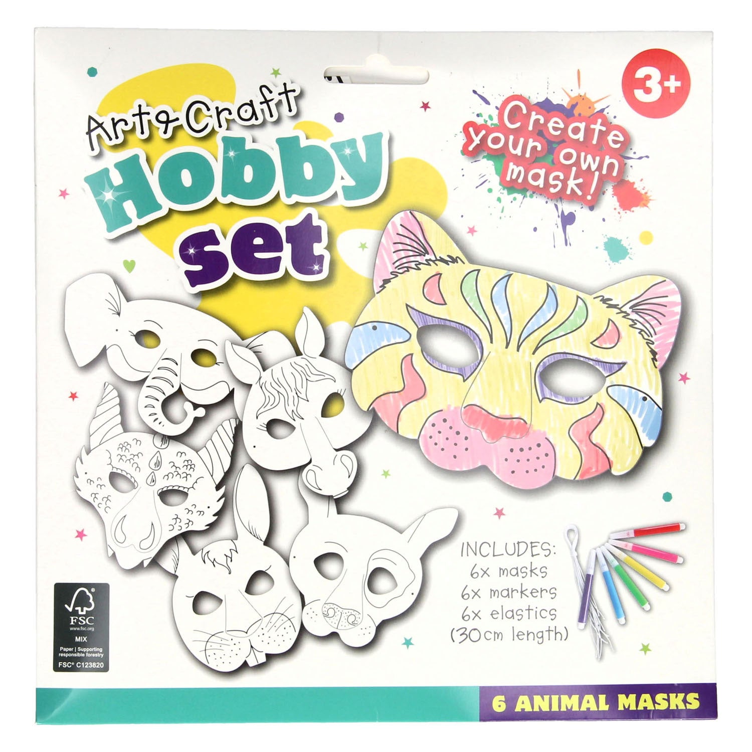 Dierenmaskers kleuren met stiften, 6st.