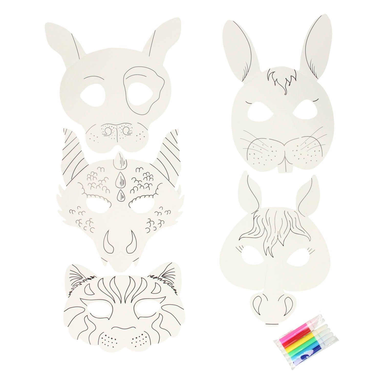 Dierenmaskers kleuren met stiften, 6st.