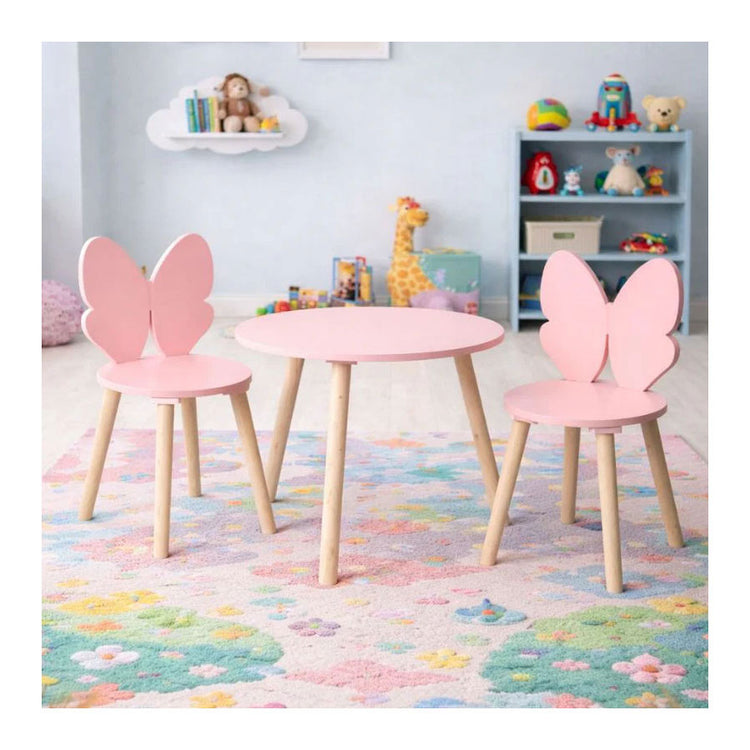 Houten set tafeltje met 2 stoelen vlinder - roze