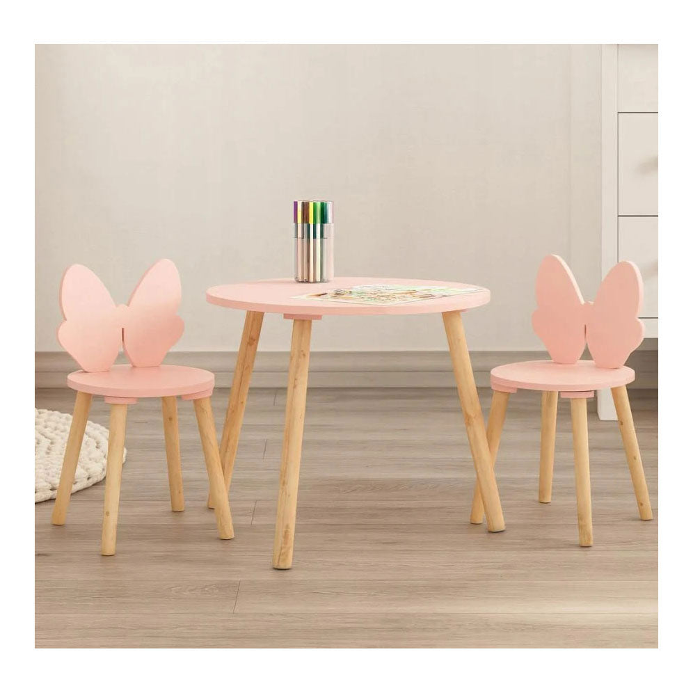 Houten set tafeltje met 2 stoelen vlinder - roze