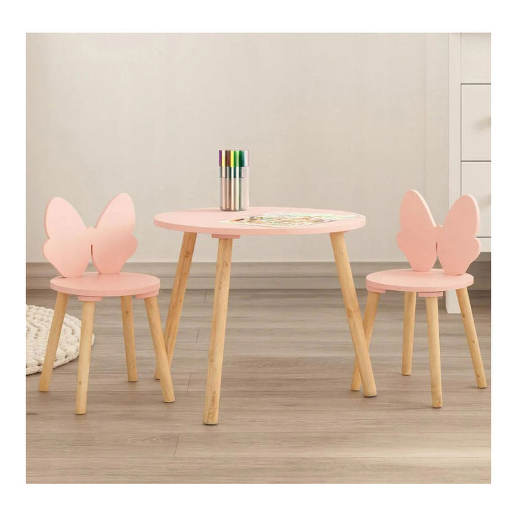 Houten set tafeltje met 2 stoelen vlinder - roze