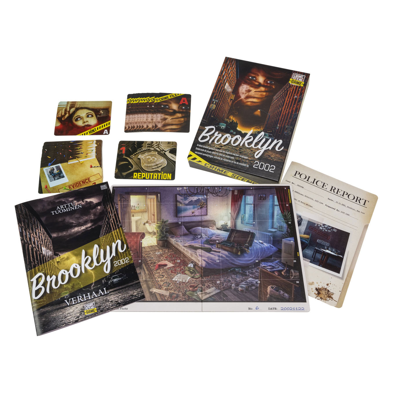 Tactic crime scene brooklyn 2002 – bordspel – misdaadspel – moderne stadszaak vol geheimen – diepgaand onderzoek en deductie – crime scene serie – game storm studio – 1 of meer spelers – vanaf 18 jaar